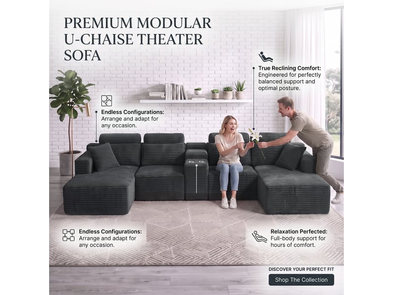  Canapé panoramique modulable compressé 6 places 372x151x80 cm, forme u, 2 porte-gobelets, sans structure, velours côtelé gris foncé  - Conforama D