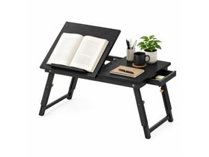 Table pour ordinateur portable pliable et réglable 83,5 x 33 x 23,5-34 cm en bambou et mdf avec tiroir noir chicfurn