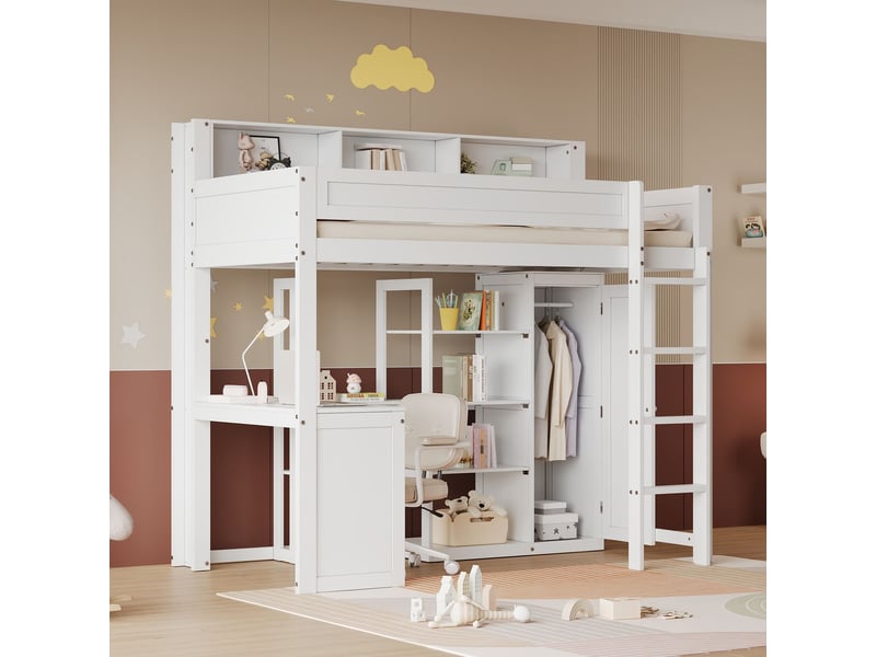 Lit enfant 90 x 200 cm lit simple structure superposée bureau intégré meuble penderie intégré barrière de sécurité étagères intégrées échelle à quatre marches rangement intégré pin mdf et contreplaqué - Conforama B
