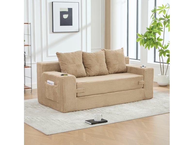 Canapé modulaire 2 places avec porte-gobelets et poches latérales, sans cadre en velours côtelé kaki - Conforama B