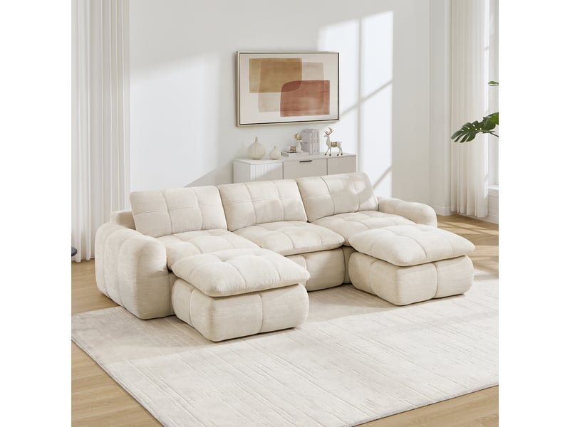  Canapé panoramique modulable 3 places en chenille beige – 264 x 160 x 68 cm Fay Lum - Conforama D
