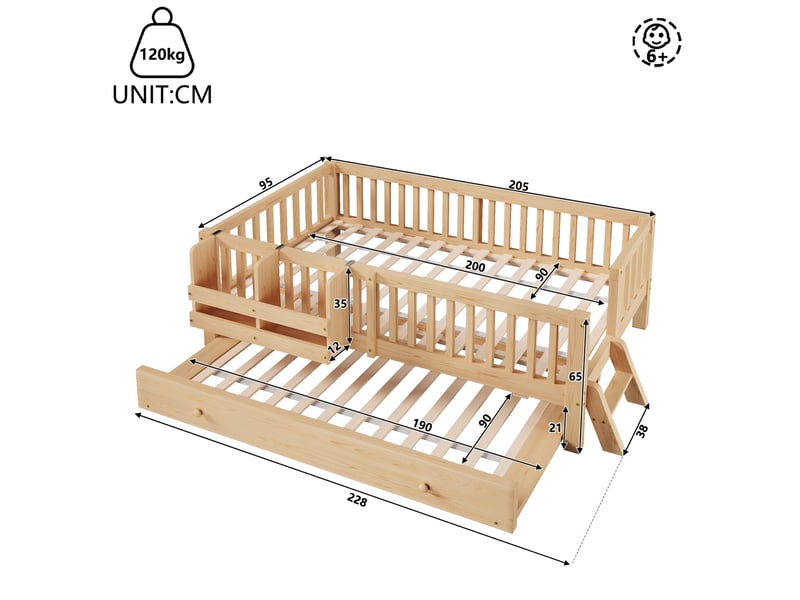 Lit gigogne 90x200cm, lit enfant avec petite échelle, panier de rangement, barrière, bois + mdf, couleur bois, sans matelas - Conforama C