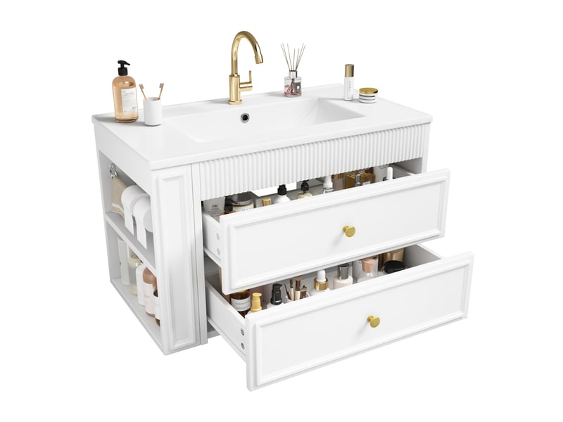  Meuble sous vasque mural avec 2 tiroirs, niche latérale, porte-papier et vasque en céramique pour salle de bain  - Conforama A