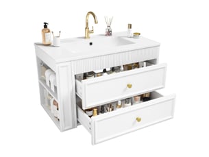 Meuble sous vasque mural avec 2 tiroirs, niche latérale, porte-papier et vasque en céramique pour salle de bain
