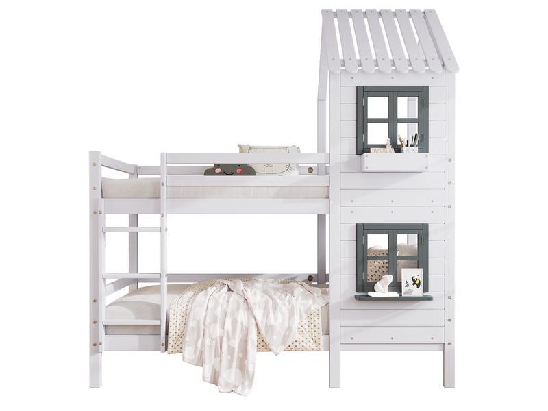  Lit superposé 90x200 cm, lit enfant avec barrière de sécurité et fenêtre en forme de maison, bois de pin massif avec escalier et rangements, blanc  - Conforama A