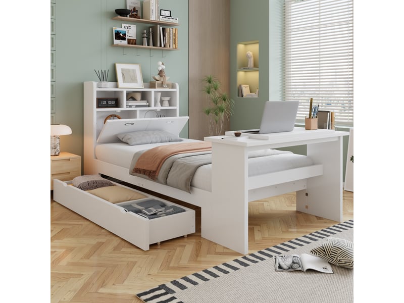  Lit enfant avec rangement, tête de lit étagère, tiroir et table pliante réglable, 90x200cm, blanc et structure bois  - Conforama E