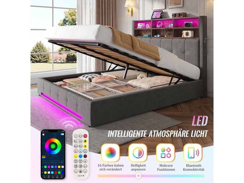 Lit coffre 160x200 cm, lit double, rangement hydraulique, led, velours gris foncé, usb et usb-c - Conforama D