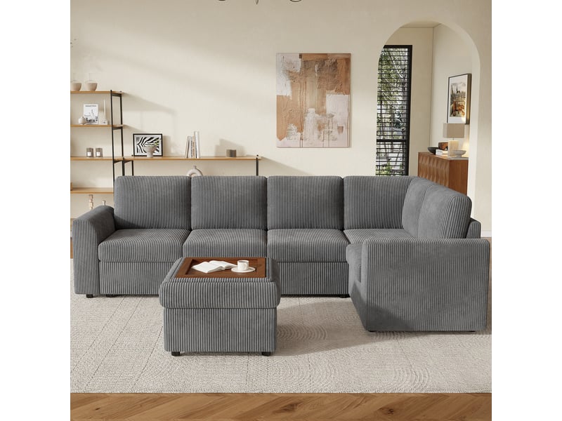 Canapé d'angle convertible 6 places en velours côtelé gris, avec pouf à rangement, 282×153×85 cm, mousse haute densité - Conforama R