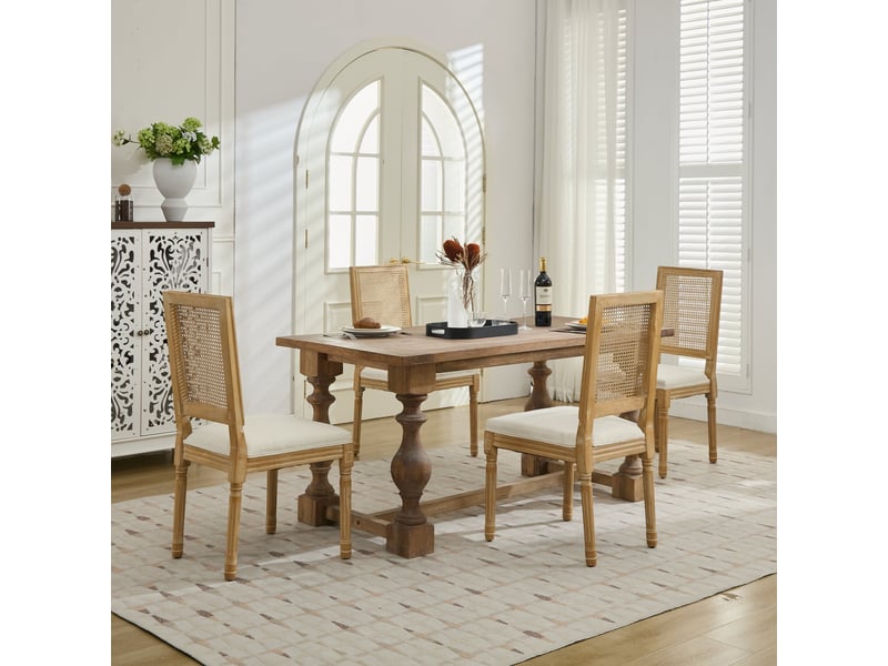 Lot de 2 chaises de salle à manger style ferme française, dossier carré en rotin tressé, assise en lin à ressorts, bois massif patiné - Conforama E