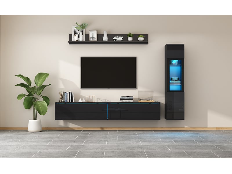  Meuble tv - ensemble de meubles muraux tv 3 pièces avec éclairage led, ensemble de meubles de salon noir brillant  - Conforama W