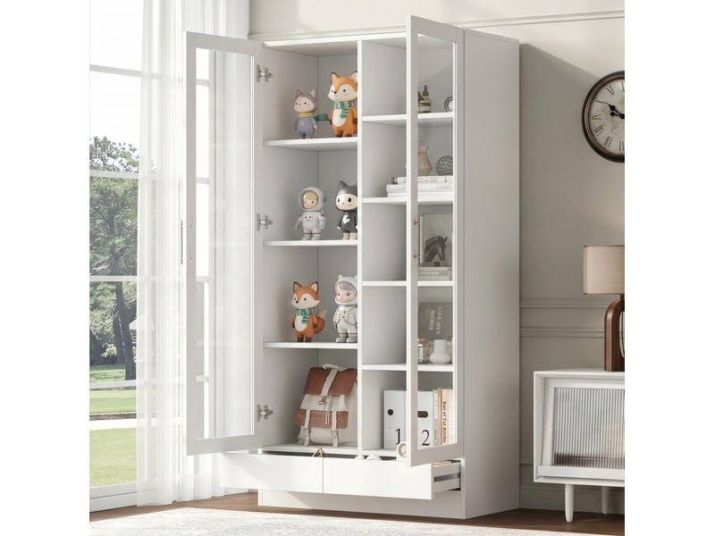  Armoire vitrée de rangement 80x40x160 cm, 2 tiroirs ouverture par pression, anti-basculement, mdf verre, blanc  - Conforama D