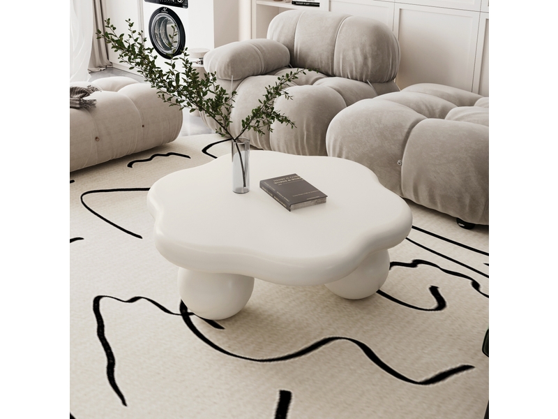  Table basse ulevr forme nuage 79 x 79 cm, plateau mdf finition mate imperméable, blanc crème, pieds sphériques  - Conforama B