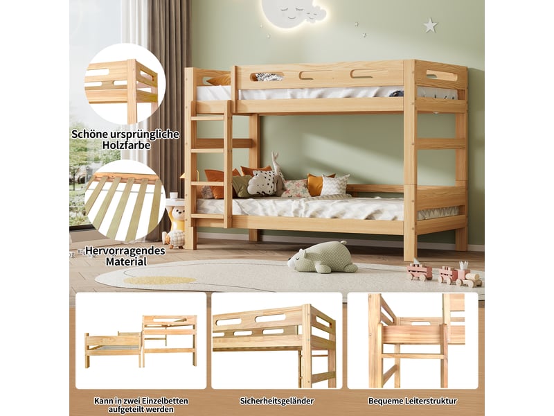  Lit superposé 90x200 cm, lit enfant, lit 2 personnes, divisé en 2 lits simples, naturel, cadre stable en pin  - Conforama W