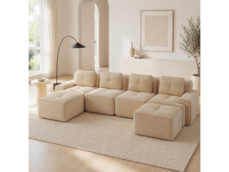  Canapé modulable 4 places en velours côtelé beige en u, assise profonde 74 cm, sans montage pour le salon  - Conforama B