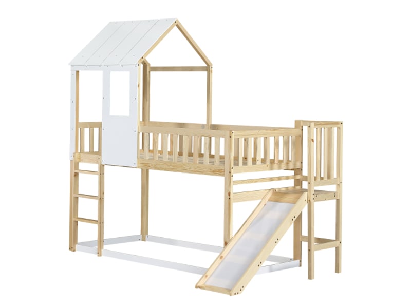  Lit superposé 90x200 cm, lit cabane avec échelle à angle droit et toboggan, en bois, couleur naturel, sans matelas  - Conforama E