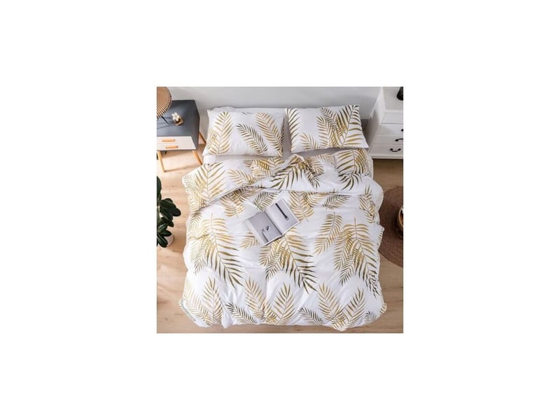  Royaluxe -set housse de couette longueur 240largeur 220cm motif feuilles tropicales dorées botanique 2 personnes et 2 x taies d'oreiller 50x75 cm  microfibre parure de linge de lit avec fermeture  - Conforama A