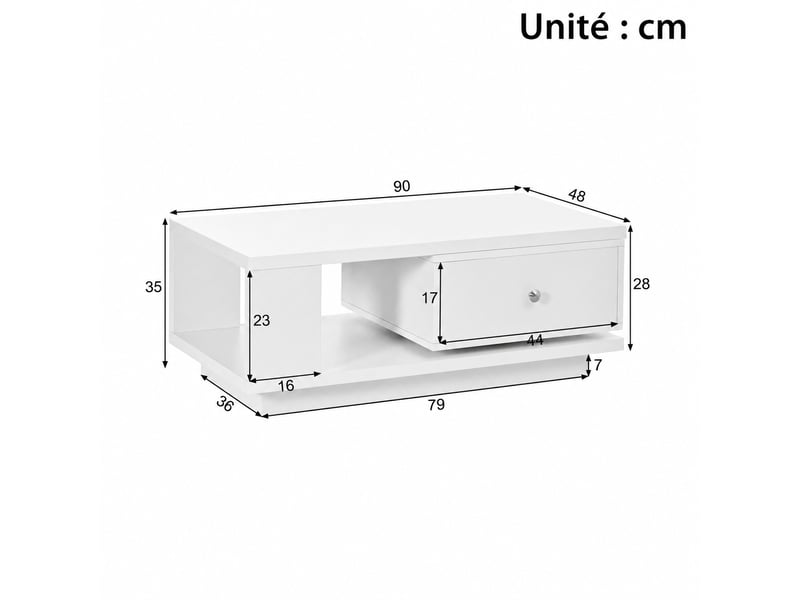  Table basse blanche brillante avec tiroir pivotant, 90 x 48 x 35 cm  - Conforama C
