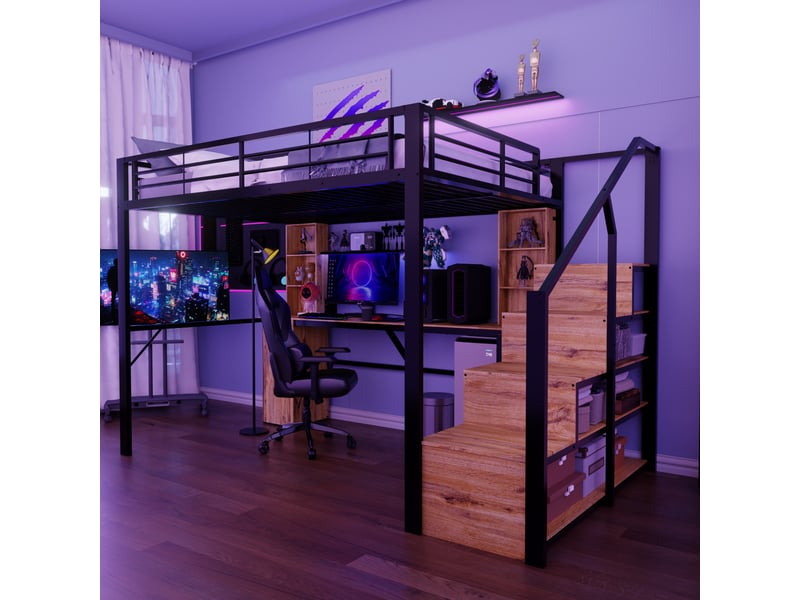  Lit mezzanine 140x200 cm - lit combiné métal avec bureau, port usb, armoire et escalier rangements - noir  - Conforama B