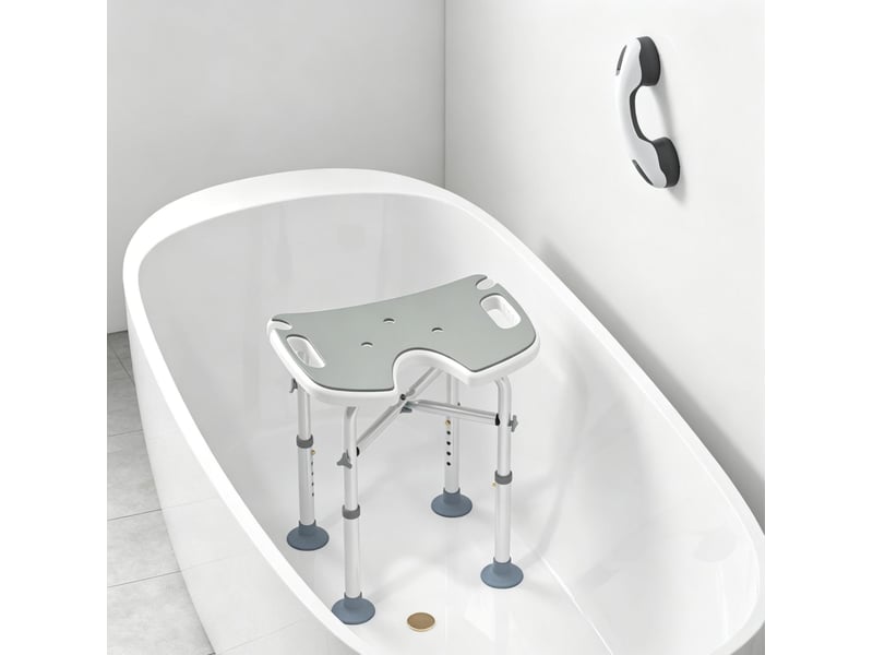 Tabouret de douche réglable 48,5 x 33 cm gris, aluminium avec barre d'appui à ventouse et siège en u - Conforama C
