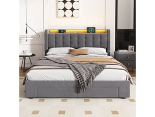 Lit coffre 2 places 140x190 cm avec led et tiroirs, coloris gris