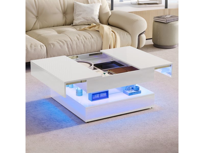 Table basse - 73x73x43cm - table carrée avec rangement, éclairage led rgb intelligent, surface brillante anti-rayures - blanc - Conforama D