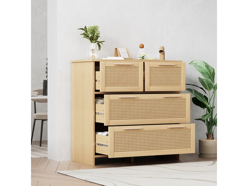  Commode en rotin avec 4 tiroirs et dispositif anti-basculement, pour chambre ou entrée, mdf, bois naturel, 80 × 38 × 80 cm  - Conforama D