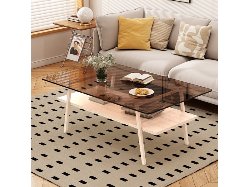  Table basse rectangulaire 98 x 58 cm en verre trempé, mdf, marron et blanc  - Conforama D