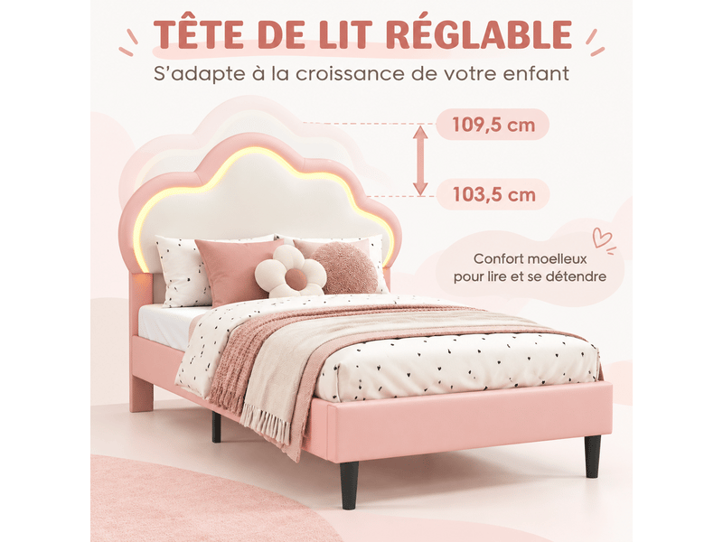 Lit enfant fille 90x200 avec led, lit princesse avec tête de lit en nuage, lits 1 personne pour fille adolescent, , pu, sans matelas, rose - Conforama E