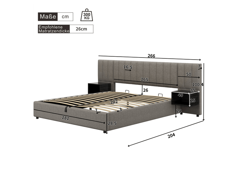  Lit coffre 180x200 lin grisnoir avec 2 tables de chevet et sommier bois  - Conforama C