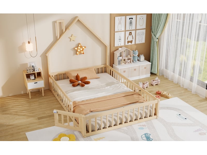  Lit enfant 140x190 cm bois de pin naturel style cabane avec cheminée sommier à lattes sans matelas Sol Morn - Conforama B