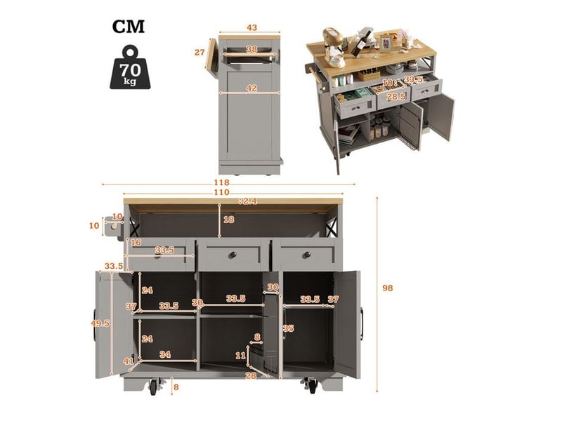  Îlot de cuisine  - moderne - gris - espace de rangement - roues - desserte à roulettes  - Conforama E