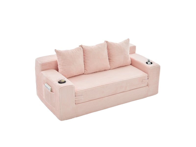 Canapé modulable 3 places 172 x 87 x 64 cm rose en velours côtelé, porte-gobelets et poches latérales - Conforama A