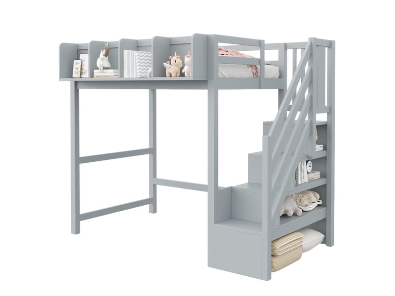  Lit mezzanine enfant 90x200 cm – gris – led, étagères ouvertes et échelle latérale - sans matelas  - Conforama A