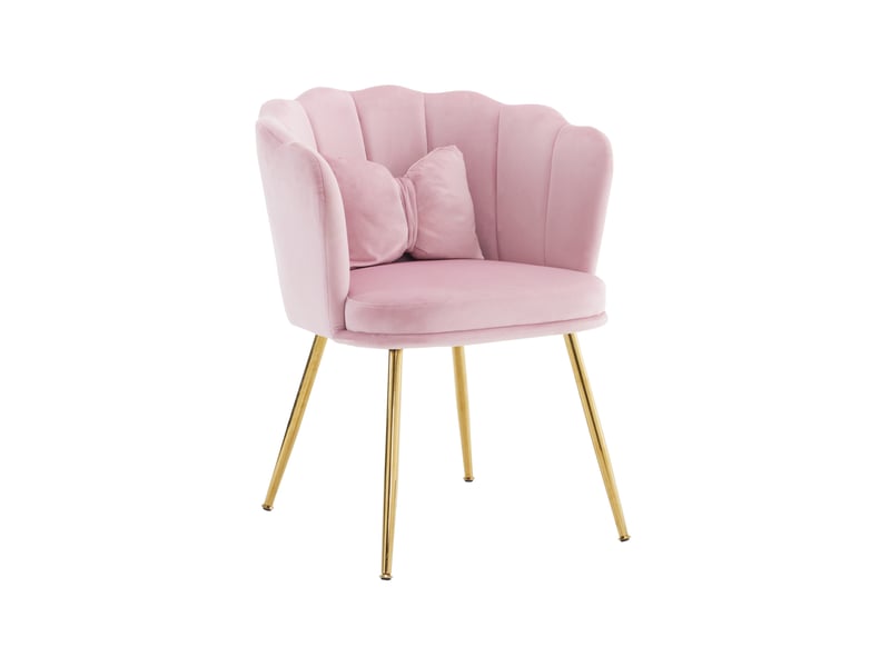  Fauteuil à assise rembourrée en velours avec dossier en pétales, coussin papillon et pieds métalliques dorés, rose  - Conforama A