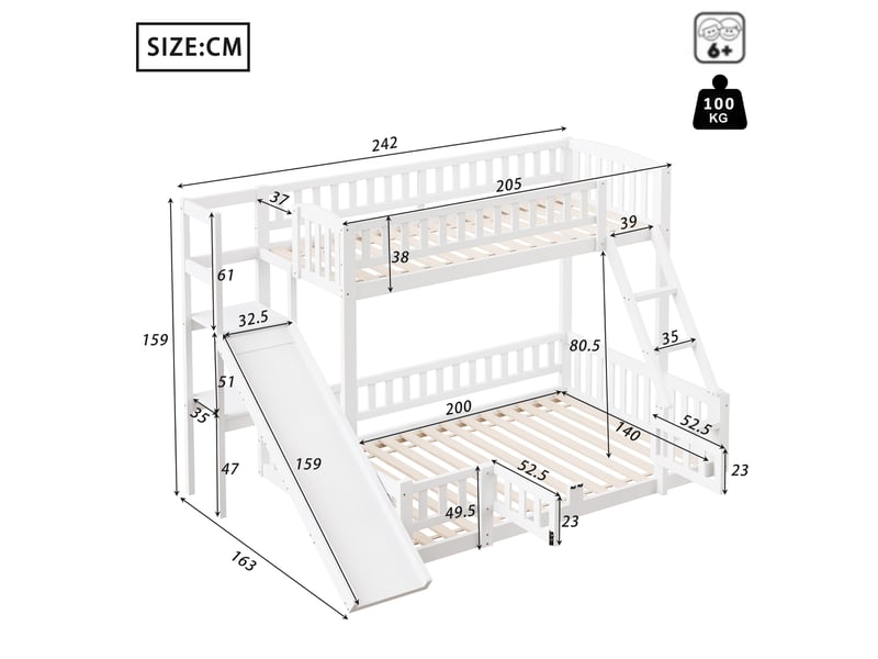  Lit superposé 140x200+90x200cm avec toboggan, étagères de rangement, escalier et sommiers, pin+mdf, blanc, sans matelas  - Conforama D