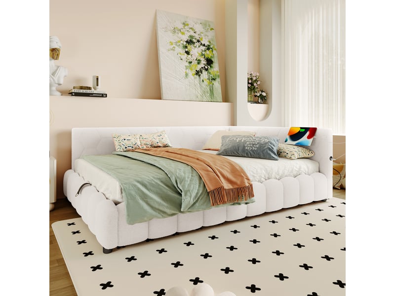  Lit daybed blanc 140x200 cm avec coffre hydraulique, led, usb et usb-c, sommier inclus  - Conforama B