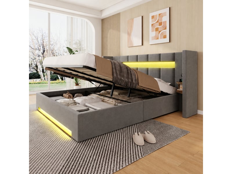  Lit coffre 160x200 en velours gris foncé, ouverture hydraulique, 2 ports usb et éclairage led  - Conforama D