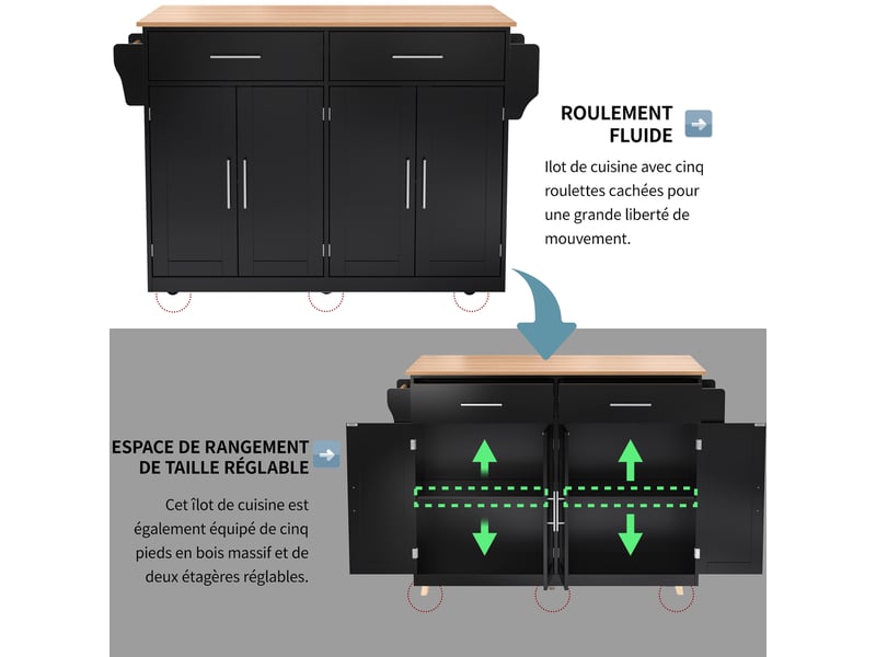  Buffet de cuisine 120x46x91.5cm, meuble de cuisine avec 2 tiroirs, 4 portes, plan de travail extensible, mdf, noir+naturel  - Conforama E