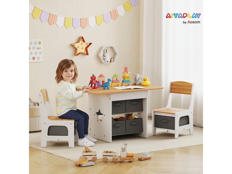  Table enfant avec 2 chaises et 6 tiroirs en tissu, motif étoiles, pour garçons et filles de 3 à 8 ans, couleur naturelle  - Conforama B