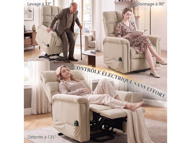  Fauteuil releveur électrique, fauteuil relax électrique en velours avec dossier inclinable, télécommande, marron  - Conforama D