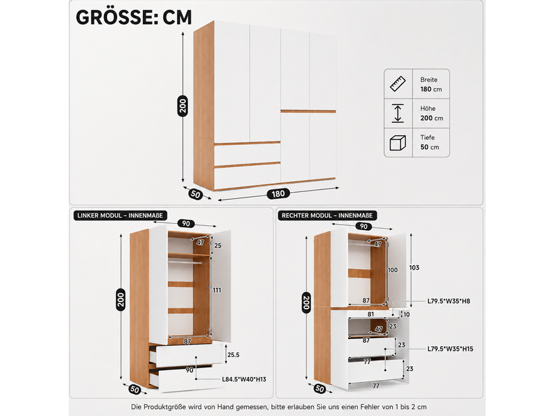  Armoire 6 portes modenvie 180 x 50 x 200 cm avec 2 tringles et 5 tiroirs, blanc et chêne artisan  - Conforama C