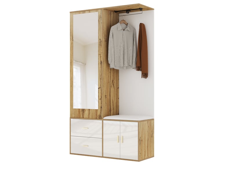 Ensemble vestiaire d’entrée ulevr avec rangement, miroir, banc à chaussures et penderie extensible 100 x 38 x 180 cm blanc et bois naturel  - Conforama A