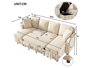 Canapé panoramique beige en chenille, 260 × 128 × 82 cm, avec couchage, pour salon et charge max. 150 kg