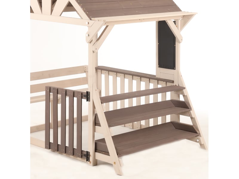  Maison de jeu extérieure en bois pour cuisine avec toit résistant à la pluie et balustrades mi-hautes, étagère polyvalente pour plantes et jouets, gris  - Conforama A
