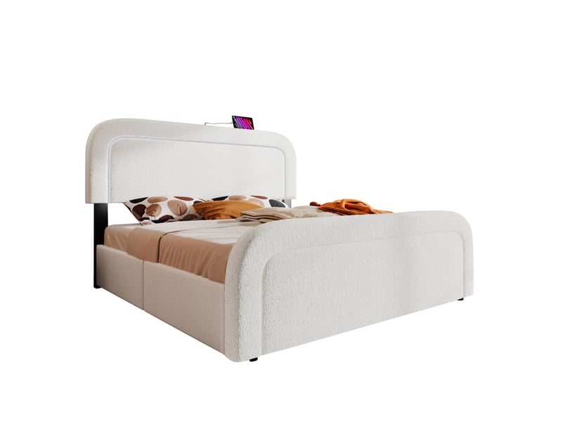 Lit double 160x200 cm blanc sherpa, led, usb et type-c, 4 tiroirs, tête de lit réglable, avec matelas - Conforama A
