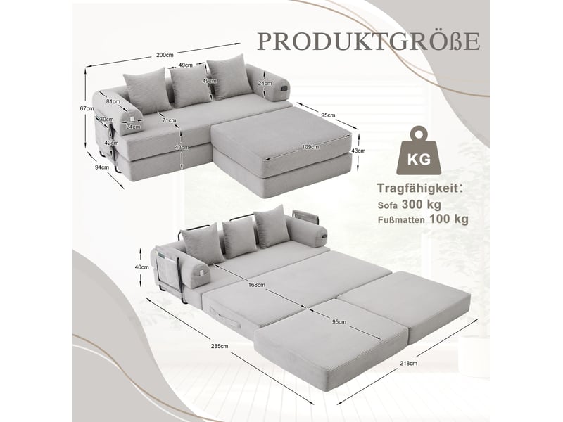  Canapé modulable 3 places en velours côtelé gris clair avec pouf et 3 coussins, confort pour le salon  - Conforama C