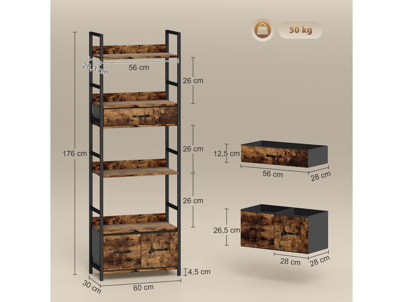  Bibliothèque étagère de rangement à 6 niveaux avec 4 étagères, 3 tiroirs en tissu, 60x30x176cm, brun rustique  - Conforama E