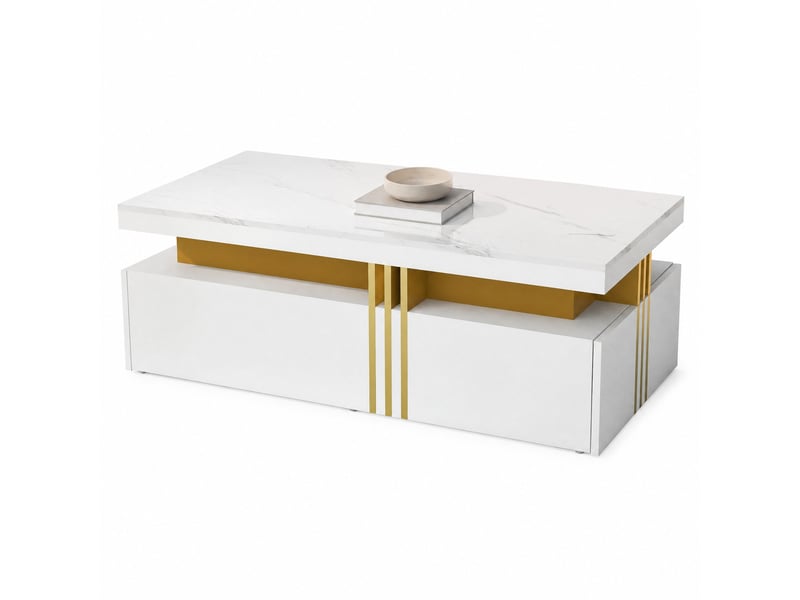 Table basse moderne avec 2 tiroirs et plateau brillant effet marbre pour salon, 100 × 50 × 40 cm  - Conforama A