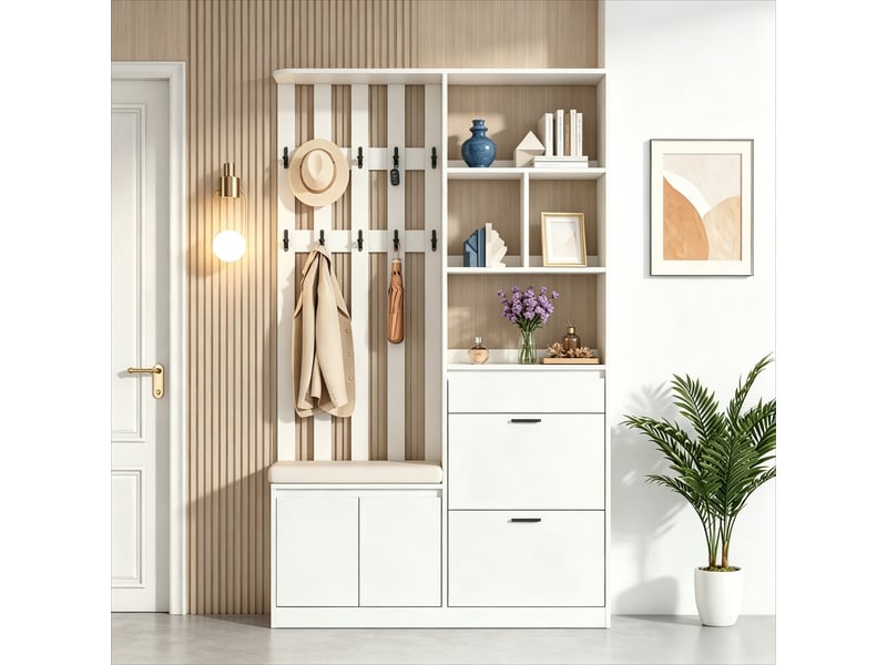  Meuble d’entrée blanc en mdf 120 x 30 x 200 cm, vestiaire avec banc rembourré, 10 patères et rangement à chaussures  - Conforama D