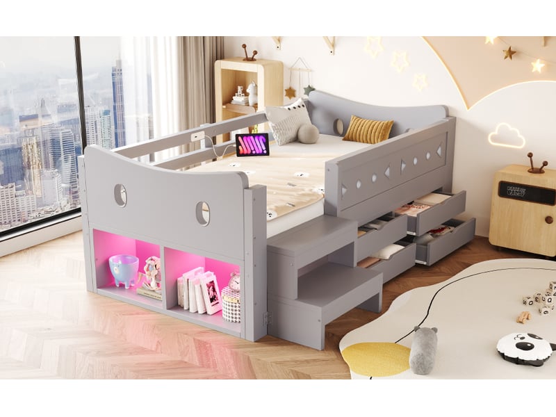  Lit enfant 90x200 cm gris bois avec tête de lit design rangements 4 tiroirs 2 niches barrières de sécurité marche led ports usb et type c Sol Morn - Conforama D